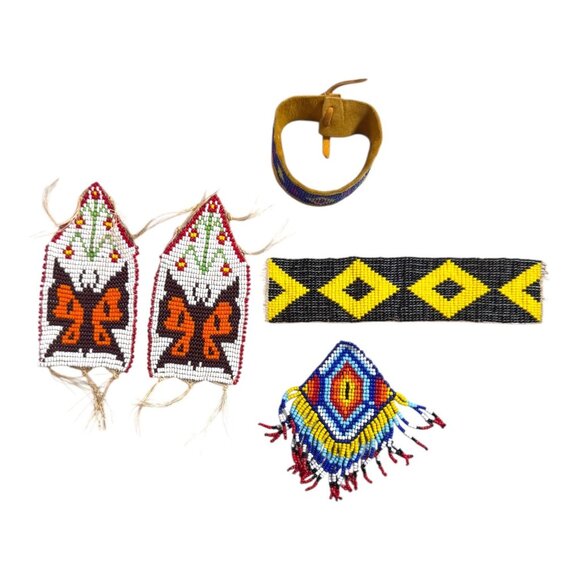 Vintage Navajo Handwoven Beaded Butterfly Pendant Handmade Lot Bracelet Set - Picture 1 of 11